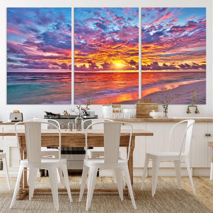 Vibrant Sunset Beach Wall Art | Ocean Sunset Canvas Print | Coastal Wall Art Decor | Ready to Hang | Stunning Sunset Scene for Home or Office Decor