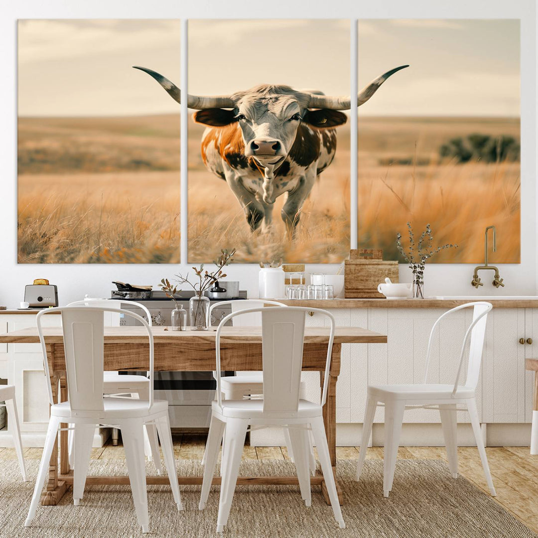 The Texas Cow Longhorn Wall Art Canvas adds rustic charm to the decor.