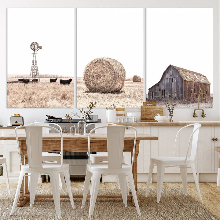 Above the couch, a Rustic Farmhouse Wall Art set depicts a barn and wheat field.