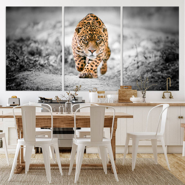 A striking three-panel "Jaguar Stalking Wall Art Canvas Print - Majestic Big Cat in Focused Pursuit" features a leopard walking forward, set against a black and white background.