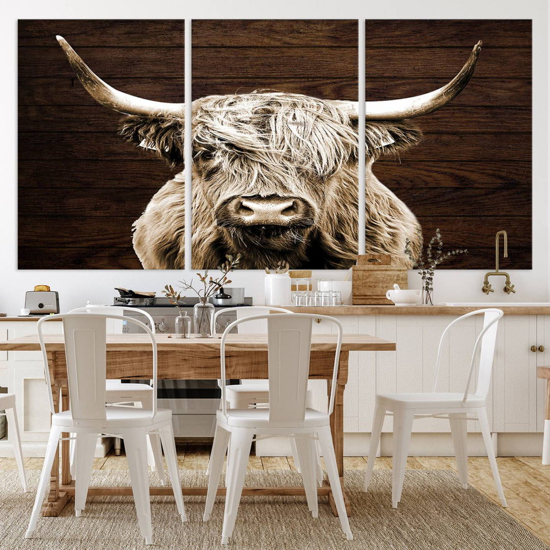 Highland Cow Wall Art Canvas Print: Majestic Scottish bull on rustic decor, ready to hang.