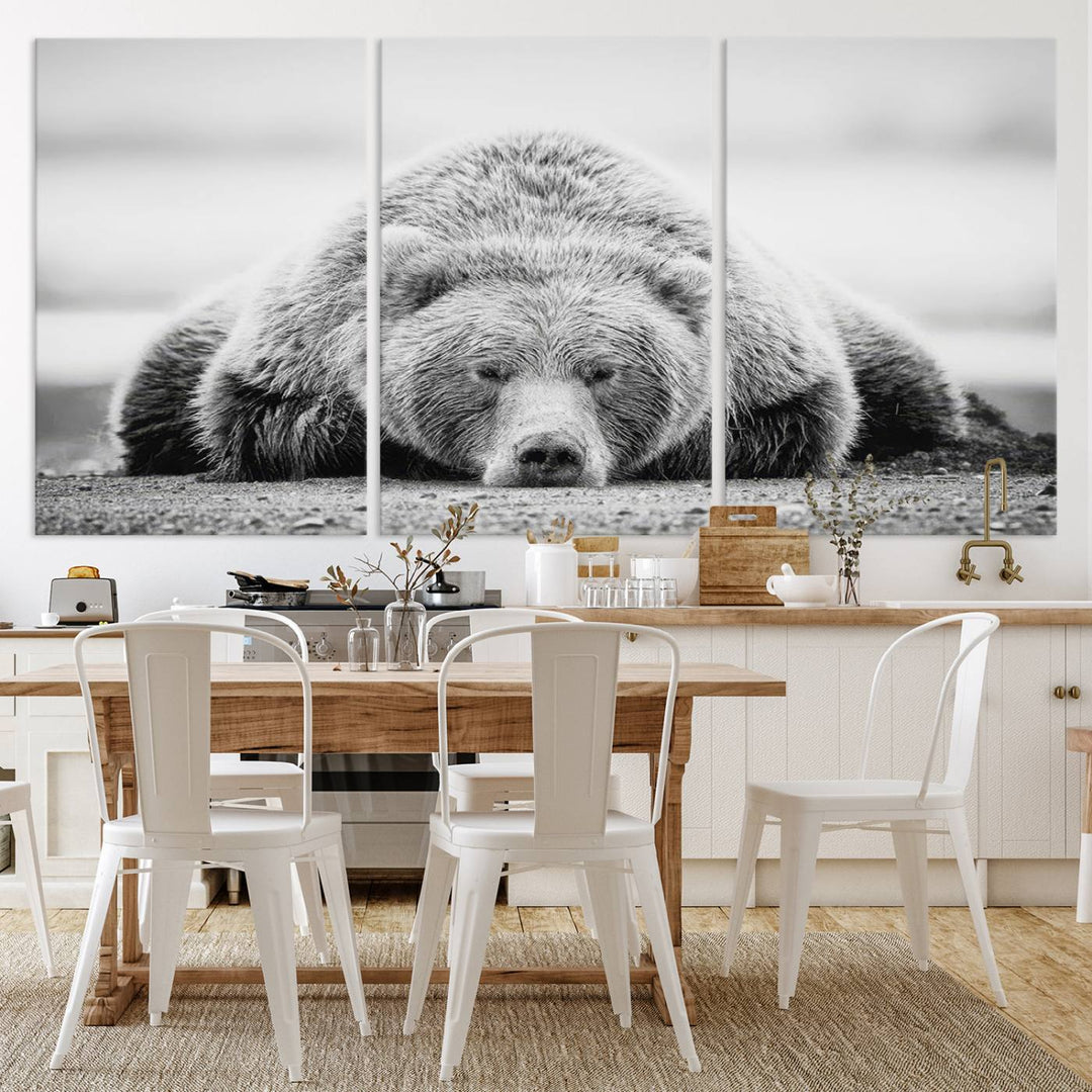 Resting Bear Wall Art Canvas Print – Majestic Lazy Black and White Wildlife Bear Art, Perfect for Nature-Inspired Home Decor – Ready to Hang