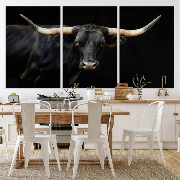 Texas Longhorn Cow | Majestic Black Bull Wall Art Canvas Print - Farmhouse Animal Decor - Ready to Hang