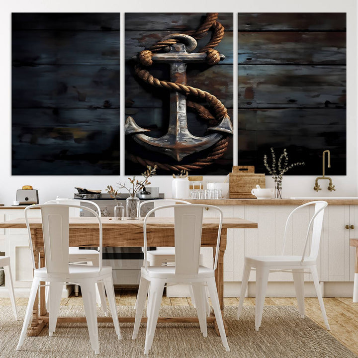 The wooden wall displays a 3 Panel Grunge Abstract Anchor Wall Art Canvas Print Set.