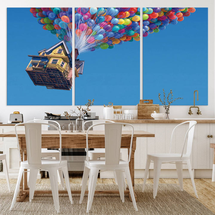 The "Carl Fredricksen, Up Movie Wall Art" features a three-panel design with a house lifted by colorful balloons, adding whimsical decor to any space.