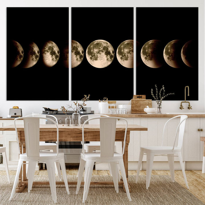 The "Phases of the Moon Wall Art" canvas print elegantly hangs on the wall.