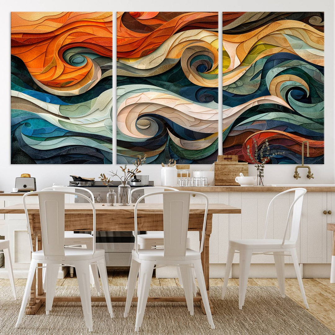 Abstract Wave Wall Art is a ready-to-hang framed canvas print featuring swirling orange, blue, and white patterns. It's perfect for adding vibrant decor to modern spaces.