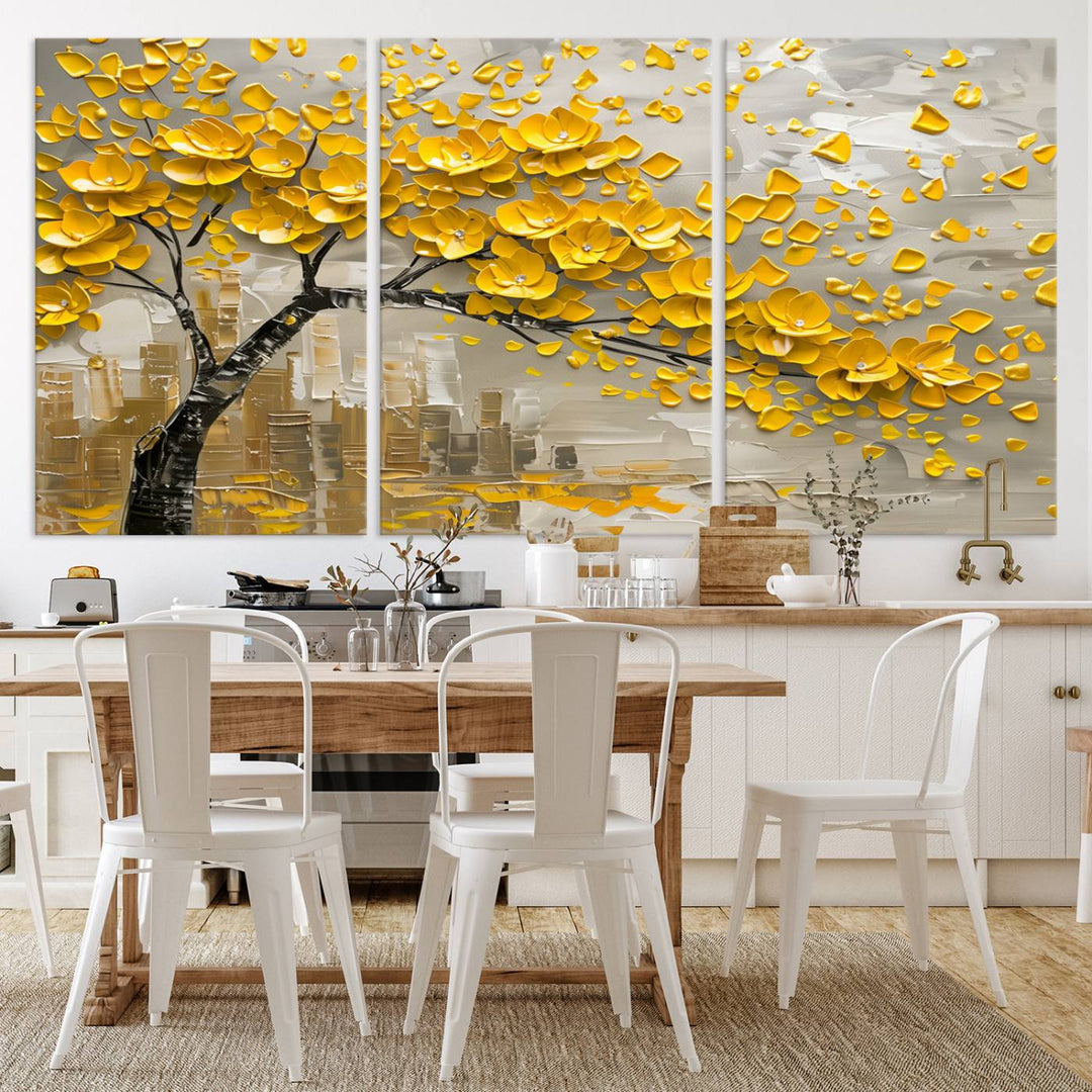 The living room showcases a Yellow Blossom Tree Canvas Wall Art, modern and floral.