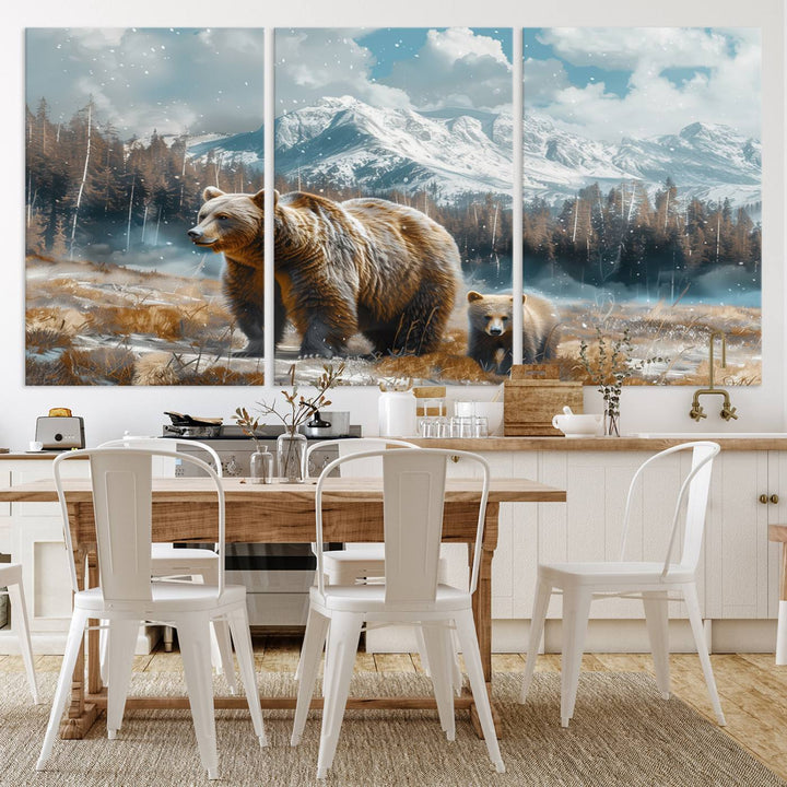 The modern living room features a Bear and Baby Bear Wall Art Canvas Print depicting a snowy mountain landscape, making it a stunning visual piece and a meaningful gift idea.