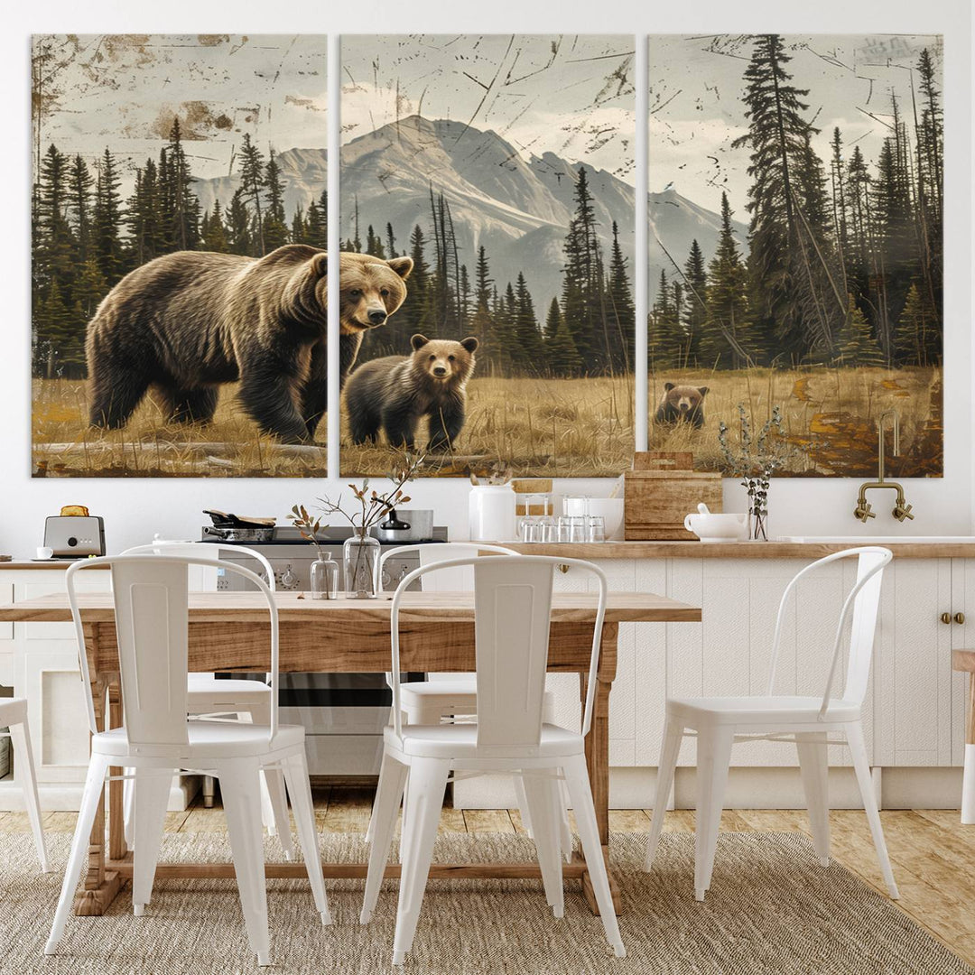 Displaying the Rustic Grizzly 399 Bear Family Wall Art Canvas Print in a modern living space adds remarkable charm. This triptych piece showcases a bear family in the forest, printed on museum-quality canvas and ready to hang, seamlessly enhancing your decor with its striking detail and elegance.