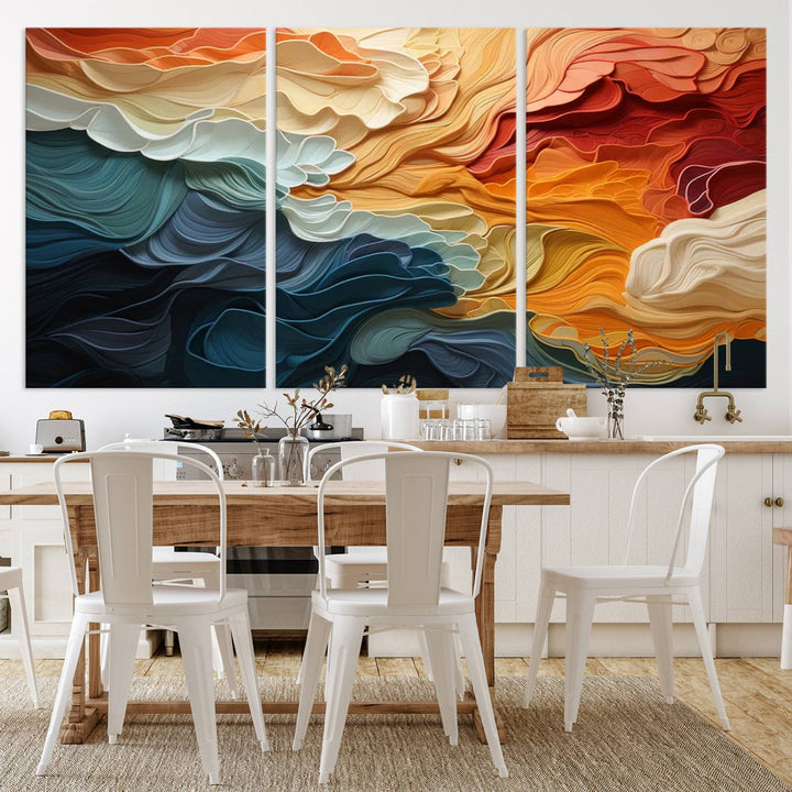 A Blue Orange Abstract Wave Wall Art Canvas Print adorns the wall. This colorful masterpiece is professionally hand-assembled to enhance any space.