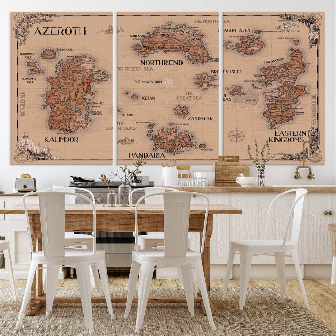 The Vintage Azeroth World Map Canvas Print, a stunning three-piece set, enhances the space with its vintage charm, perfectly complementing your gaming decor.