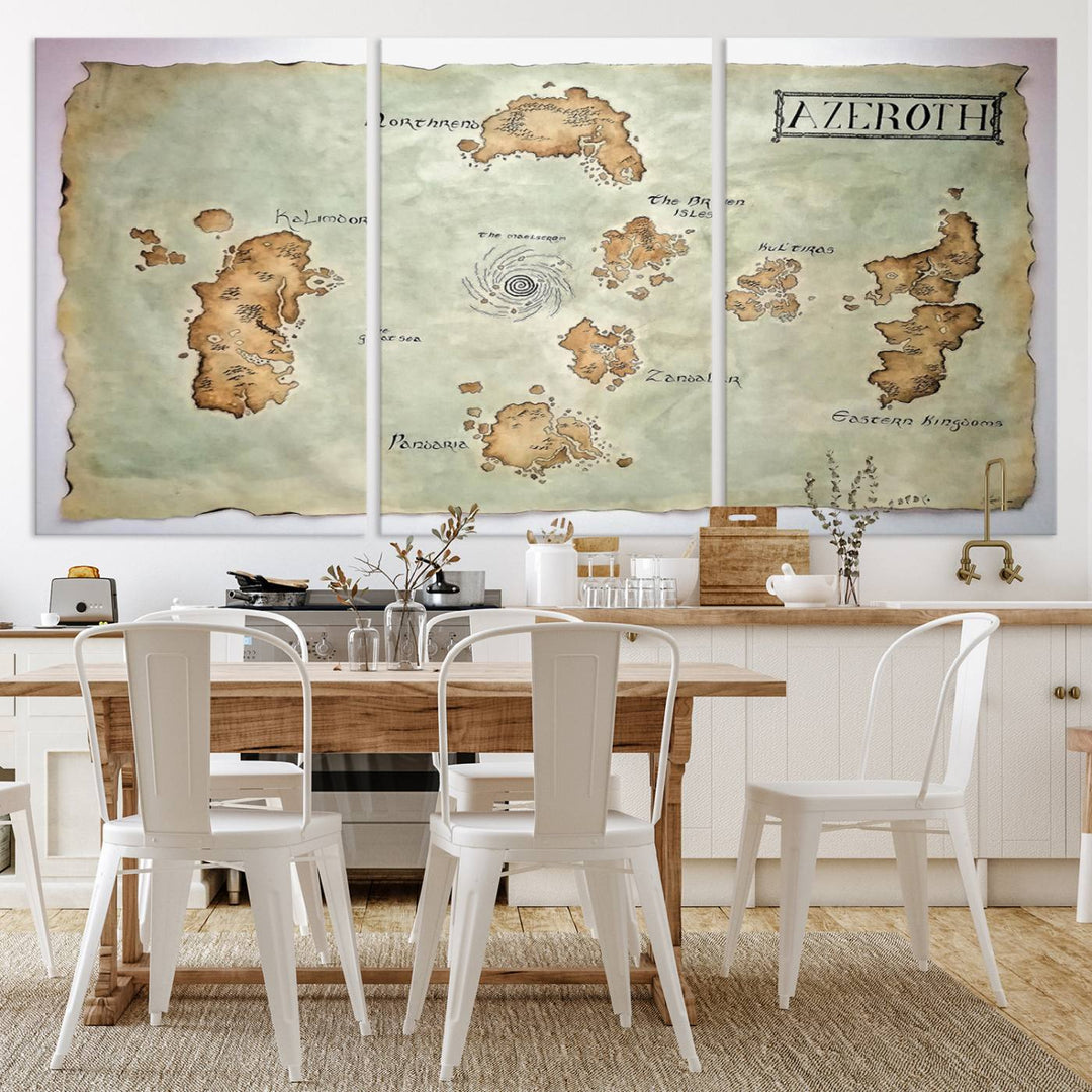 The Azeroth World Map Wall Art Canvas Print, a three-panel vintage piece, brings a cozy fantasy gaming atmosphere to the room.