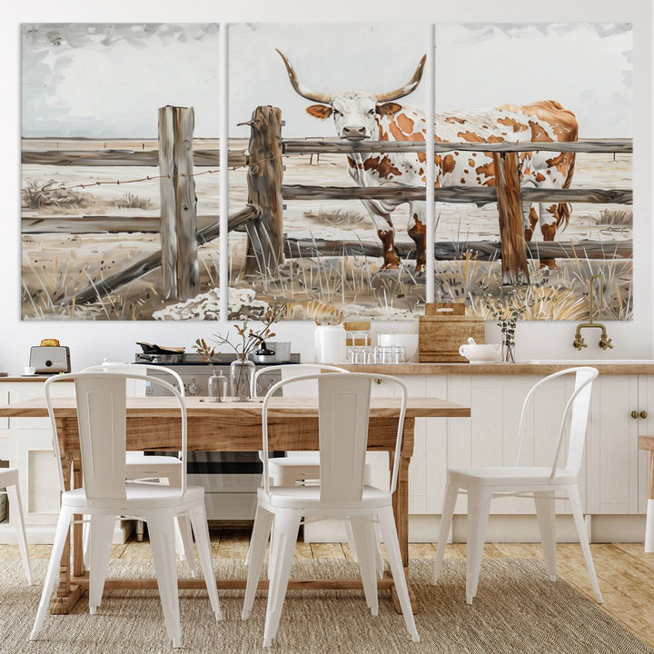 The Abstract Longhorn Cow Wall Art, a ready-to-hang framed canvas print, adds rustic charm and perfectly captures the essence of rural elegance.