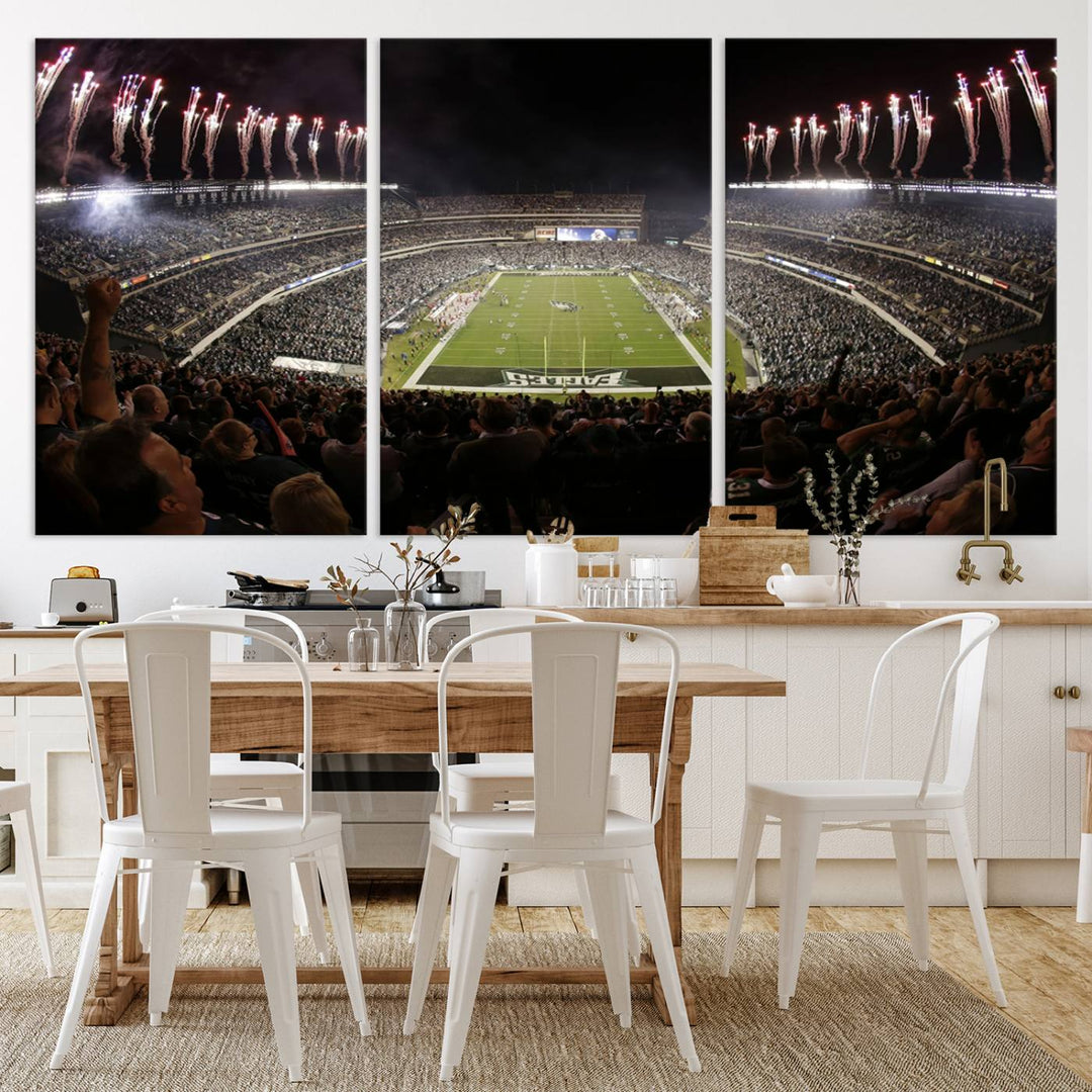 The living room features a spectacular Philadelphia Eagles Football Team Print. This wall art canvas print of Lincoln Financial Field at night captures a Philadelphia Eagles game under the dazzling brilliance of fireworks, making it an eye-catching centerpiece.