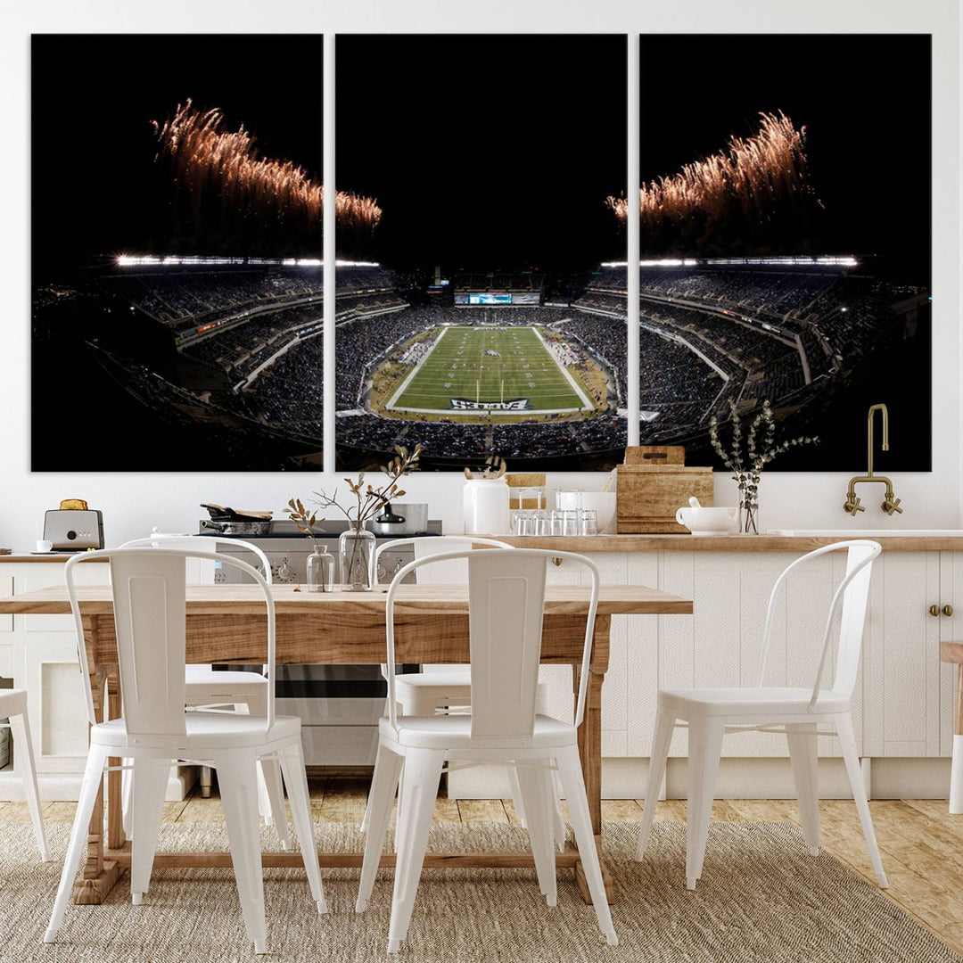 Eagles Stadium Wall Art depicting a nighttime game and fireworks at Lincoln Financial Field.