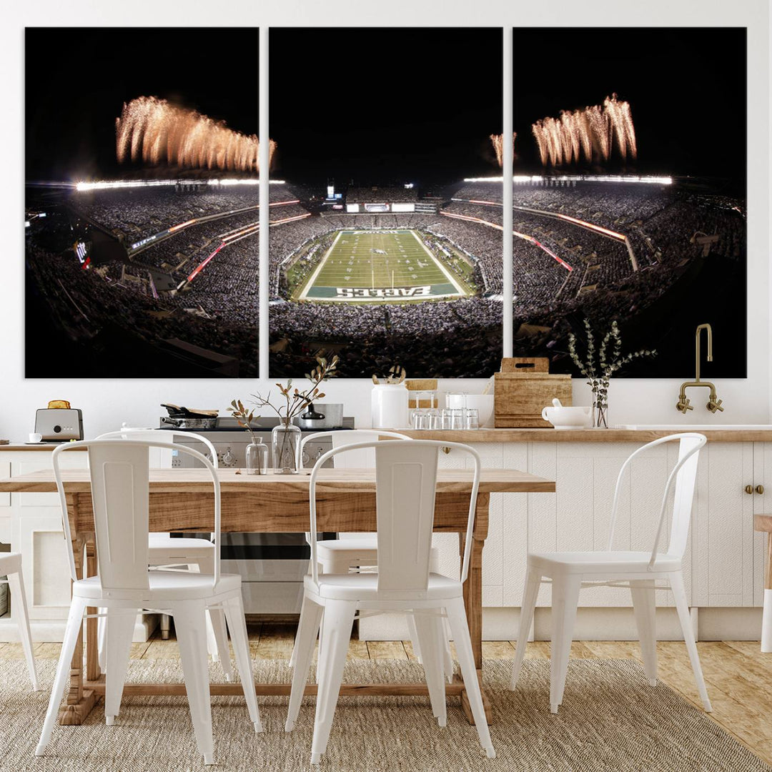 Experience the breathtaking Lincoln Financial Field Fireworks Game captured in this triple canvas wall art. A must-have for any Philadelphia Eagles fan!