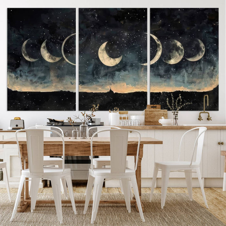 The "Phases of the Moon Wall Art," a framed canvas series capturing the celestial beauty of lunar cycles against a starry night, adds an elegant touch to the contemporary dining room.