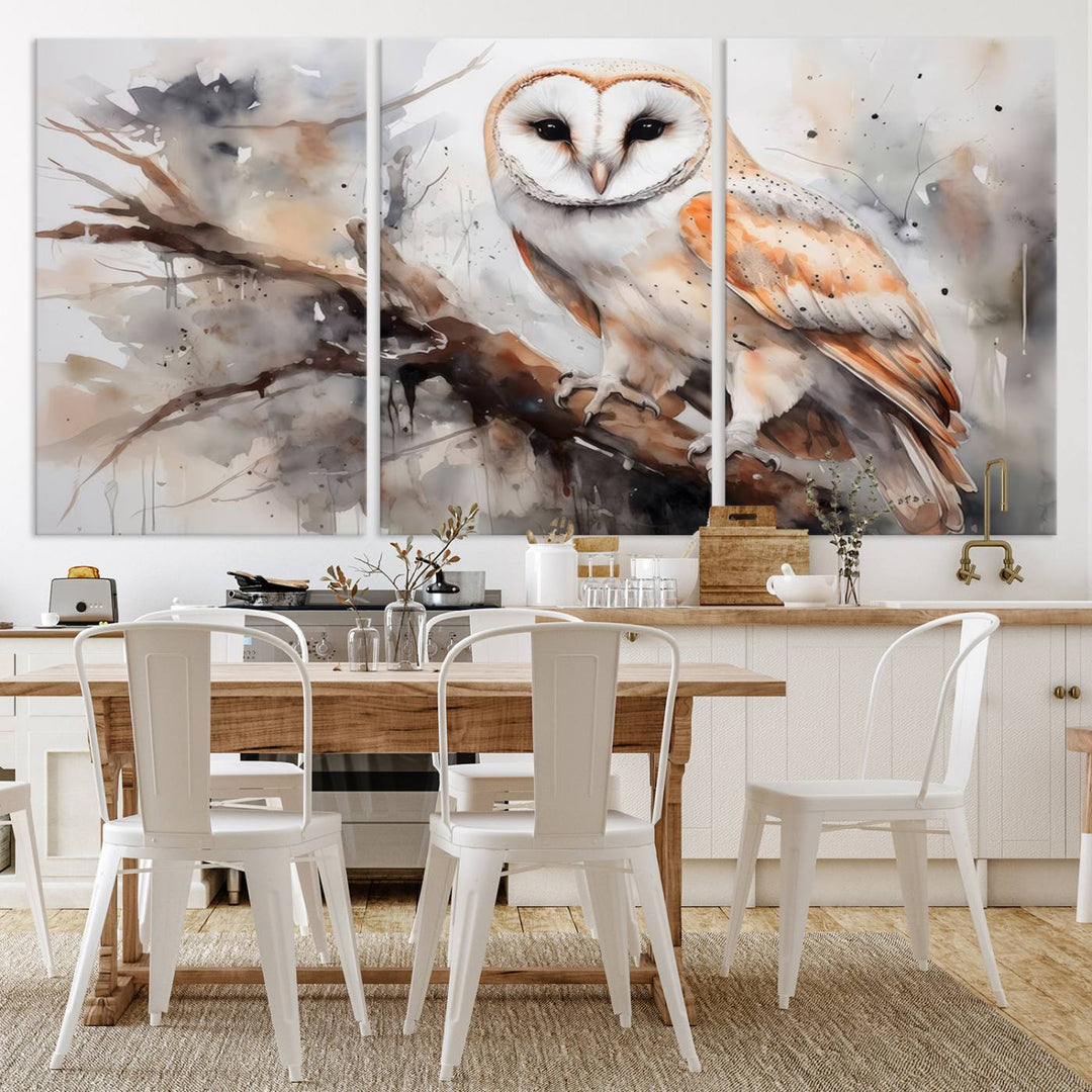 The Barn Owl Wall Art, a watercolor canvas print, elegantly adorns the wall in a modern living room, seamlessly merging farmhouse wall decor with contemporary style.