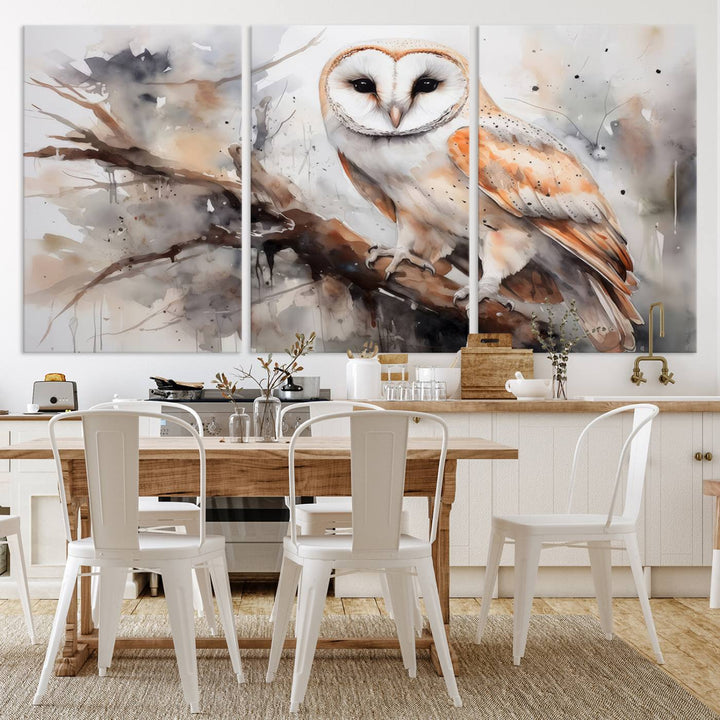 The Barn Owl Wall Art watercolor canvas adds a rustic twist to farmhouse decor.