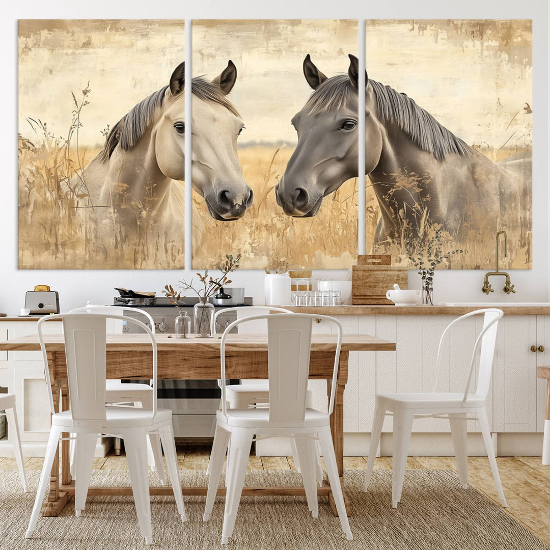 The "Chinese Ink Style Grunge Horses Wall Art Canvas Print," featuring two horses in a field, hangs prominently, highlighting its museum-quality canvas and high-resolution printing.