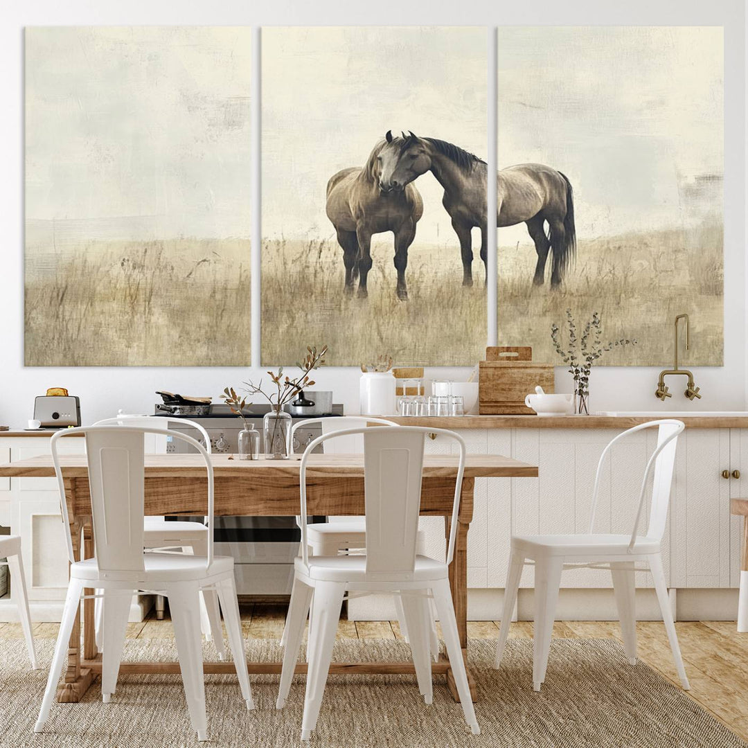 The Chinese Style Grunge Horses Wall Art Canvas Print, featuring a three-panel design of two horses in a misty field, is crafted on museum-quality canvas using high-resolution printing and hangs elegantly.