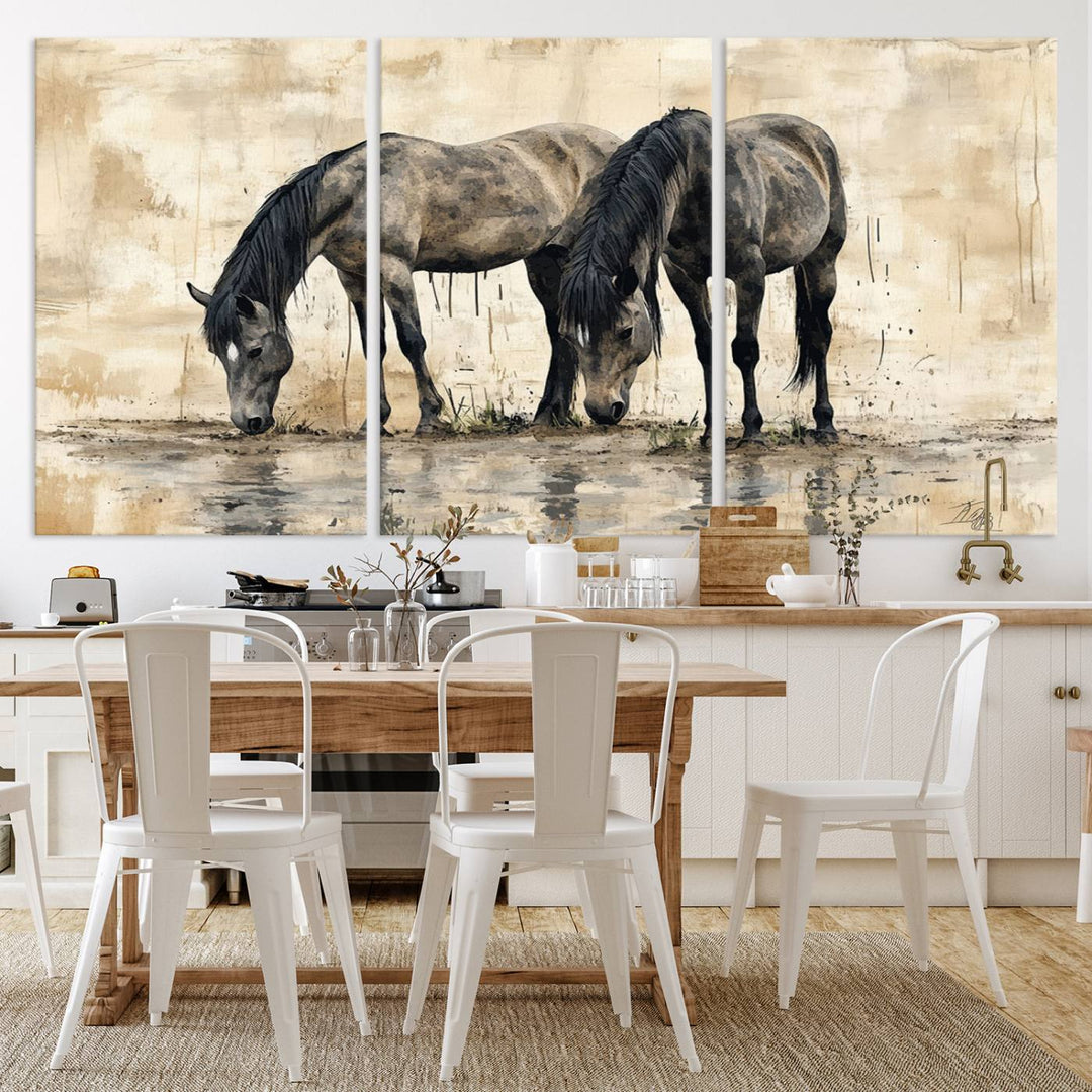 Chines Ink Style Black Horses Wall Art Canvas Print features a triptych painting of two horses drinking at the water's edge.