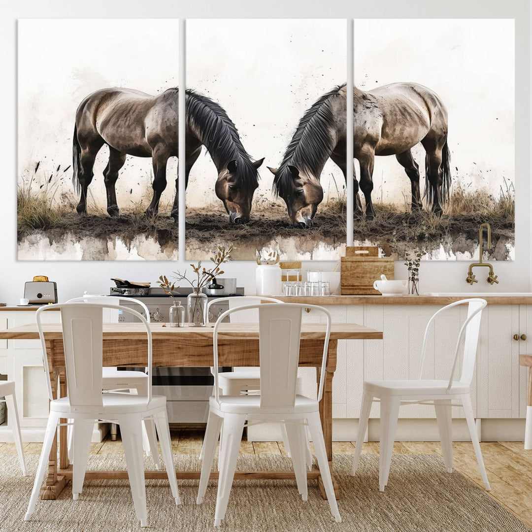 A Chinese Ink Style Horses Wall Art Canvas Print featuring two horses grazing is displayed in a modern setting.