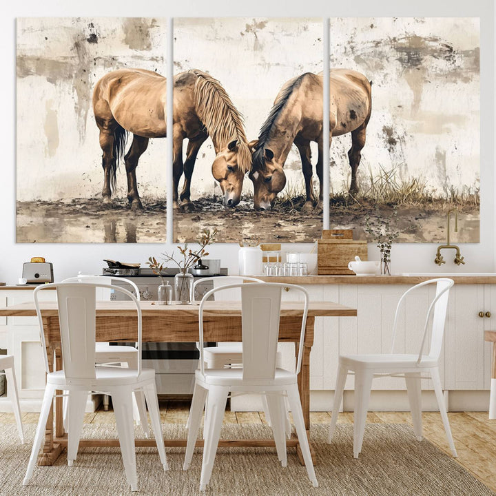 The Vintage Horses Wall Art, a ready-to-hang and framed triptych, beautifully captures two horses gracefully grazing. It perfectly complements the rustic charm of western farmhouse wall decor.