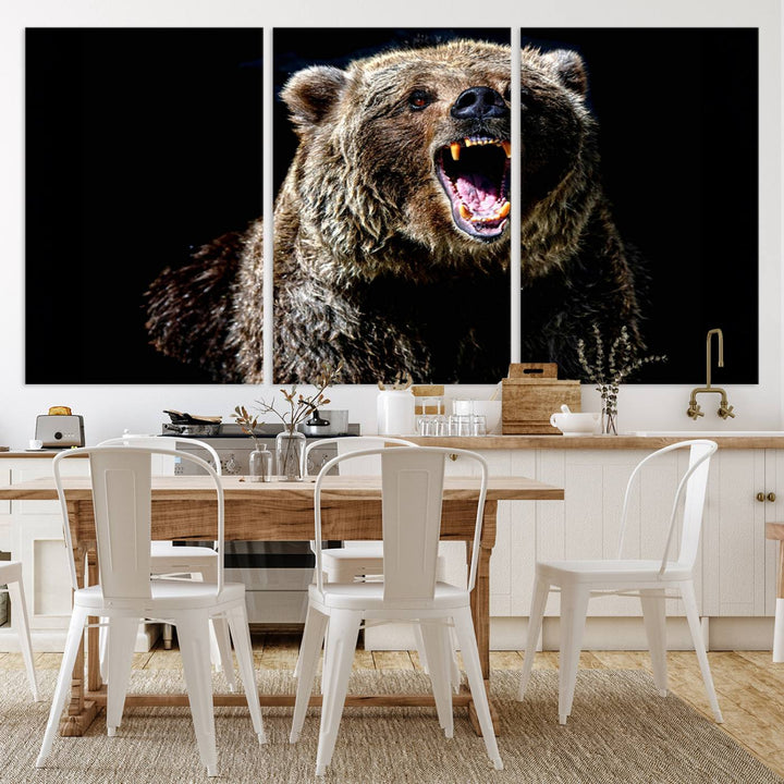 The Grizzly Bear Canvas Print, featuring wildlife wall art on a black background, is ready to hang and is perfect for rustic cabin decor.