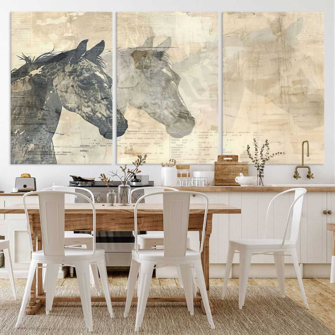 The Abstract Horse Canvas Print in muted tones, a modern farmhouse wall art piece that's ready to hang framed, elegantly decorates the space.