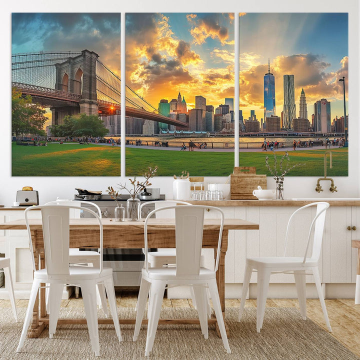 The "Brooklyn Bridge New York Skyline Wall Art" is a ready-to-hang framed canvas print that beautifully captures the cityscape at sunset, showcasing the iconic Brooklyn Bridge and majestic skyscrapers.