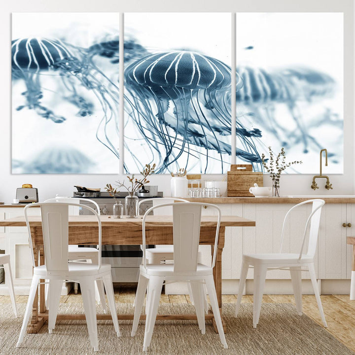 The Abstract Jellyfish Wall Art Canvas Print, a three-panel piece featuring high-resolution printing, hangs elegantly in the room, adding vibrant detail to the space.