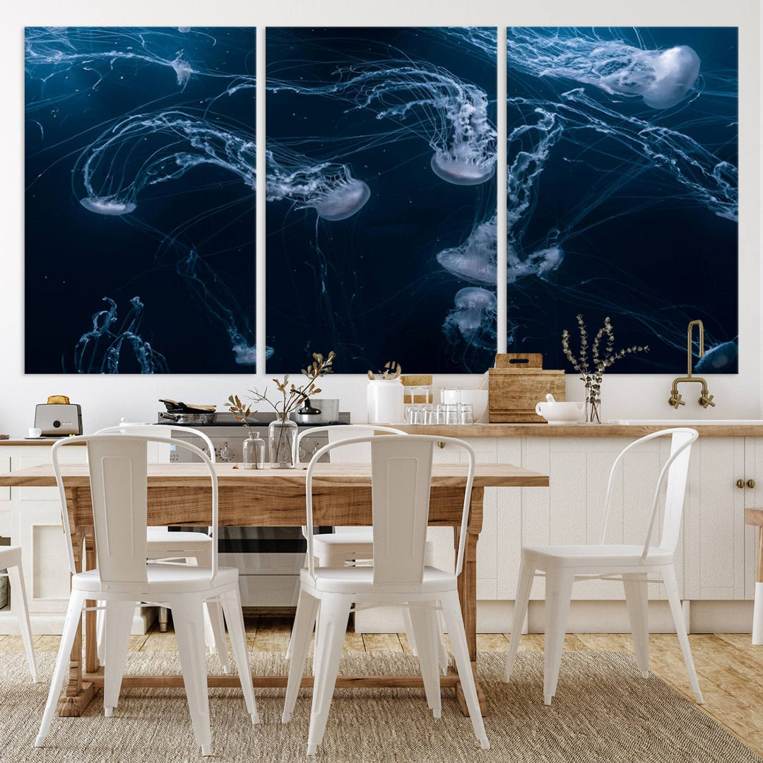 Room with modern decor, featuring the Abstract Jellyfish in Ocean Wall Art Canvas Print on museum-quality canvas.