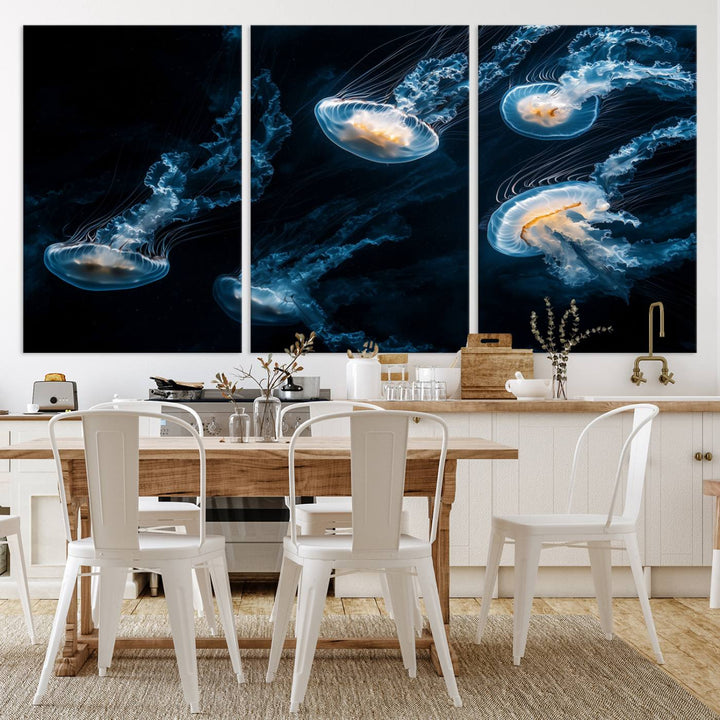 The "Jellyfish Wall Art Canvas Print," featuring a sea-themed design of glowing jellyfish, is displayed in high-resolution on museum-quality canvas.