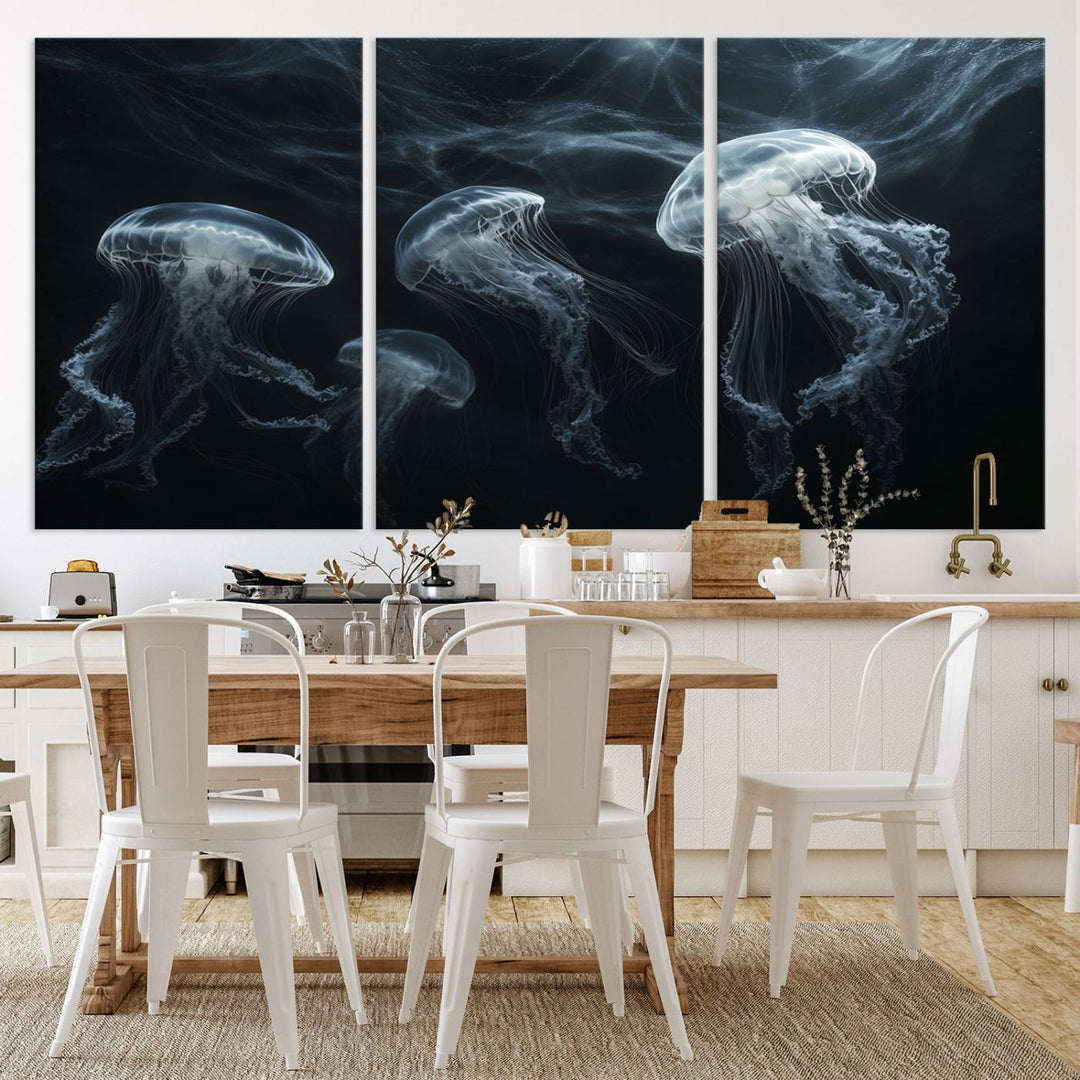 The Jellyfish Wall Art Canvas Print features glowing jellyfish in vibrant colors on museum-quality canvas.