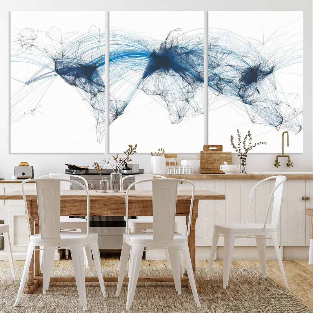 The Aviation Flight Map Wall Art is a set of three abstract panels featuring a world map with blue lines, resembling a flight map. Ideal for aviation enthusiasts, this ready-to-hang framed air traffic art print enhances the appeal of modern decor.