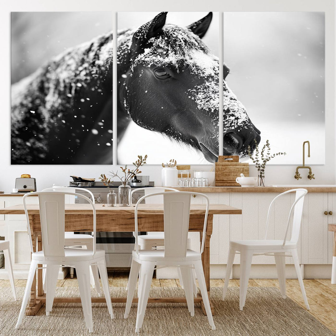 A set of Winter Horse Snow Wall Art Canvas Prints hangs, creating the perfect touch of Rustic Cabin Decor.