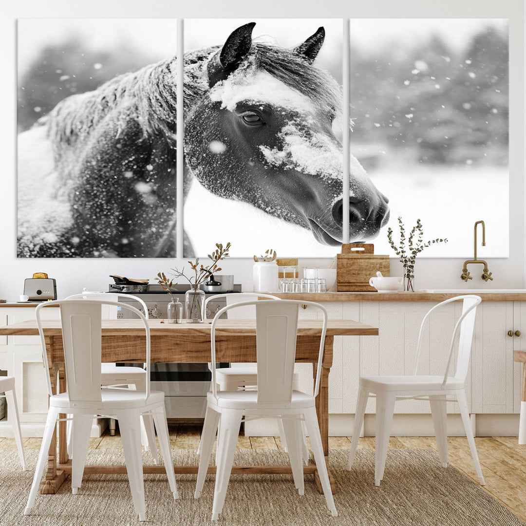 The Black Horse Winter Wall Art, framed and ready to hang, is beautifully displayed as farmhouse and western wall decor.