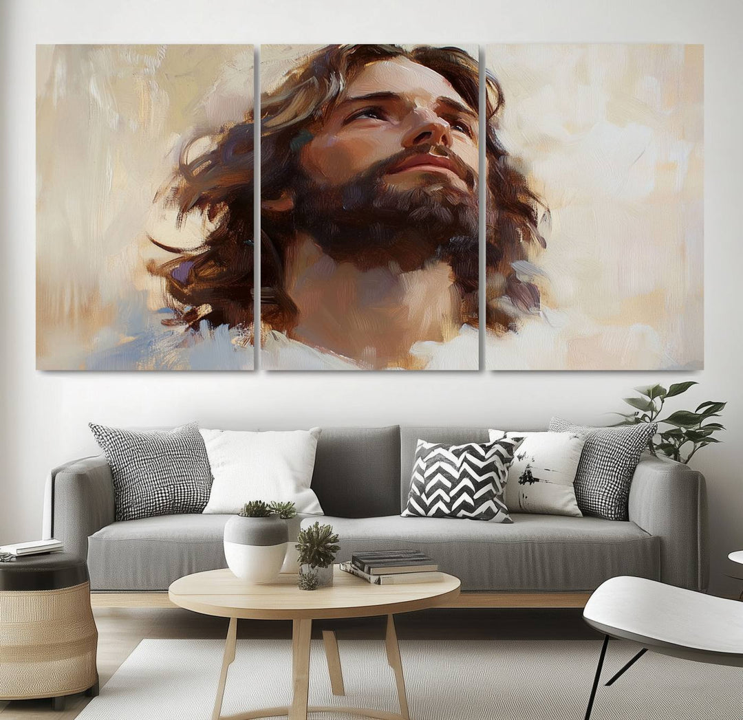 The "Jesus Christ Portrait Wall Art," a ready-to-hang and framed canvas print, features a bearded man with long hair looking upward, creating an inspirational spiritual atmosphere.