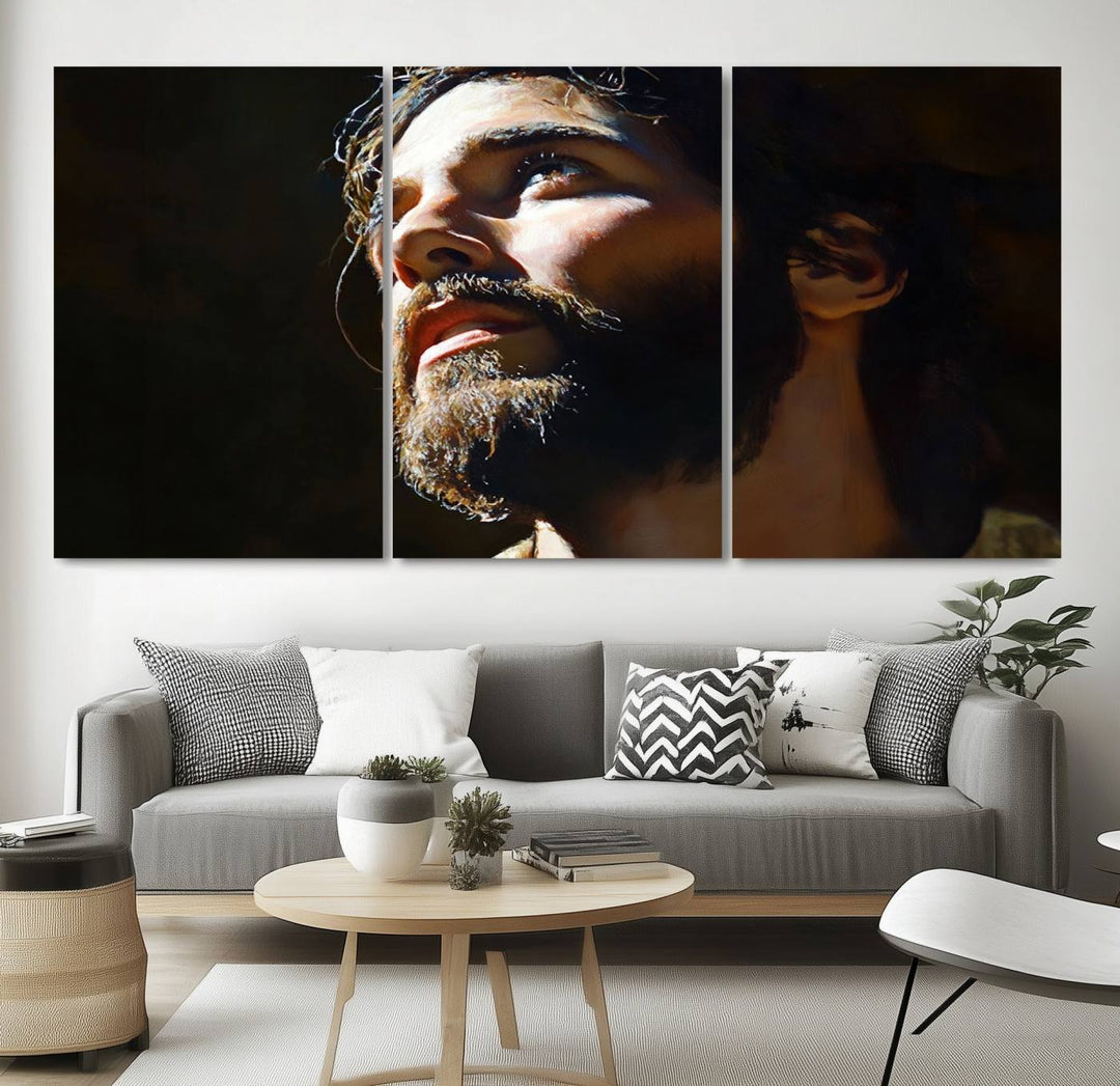 The Jesus Portrait Wall Art Canvas Print features a thoughtful depiction of Jesus Christ in an oil painting style, adding an inspirational religious touch to the decor.