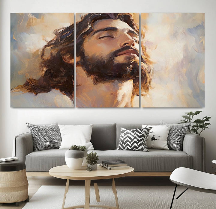 This museum-quality canvas print, titled "Jesus Portrait," features an oil painting style depiction of Jesus Christ with a closed-eyed expression. The high-resolution printing captures every detail beautifully.