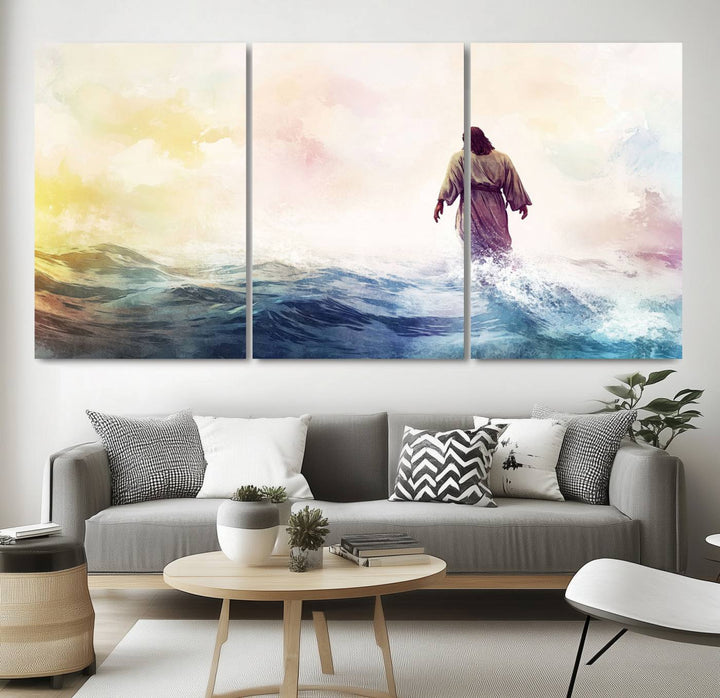 Watercolor Jesus Walking on Water Canvas Print, Christian Wall Art, Jesus Christ Walking