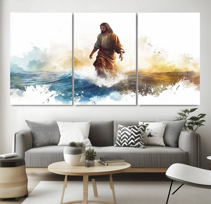 Watercolor Jesus Walking on Water Canvas Print, Christian Wall Art, Jesus Christ Walking