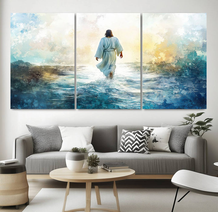 Watercolor Jesus Walking on Water Canvas Print, Christian Wall Art, Jesus Christ Walking