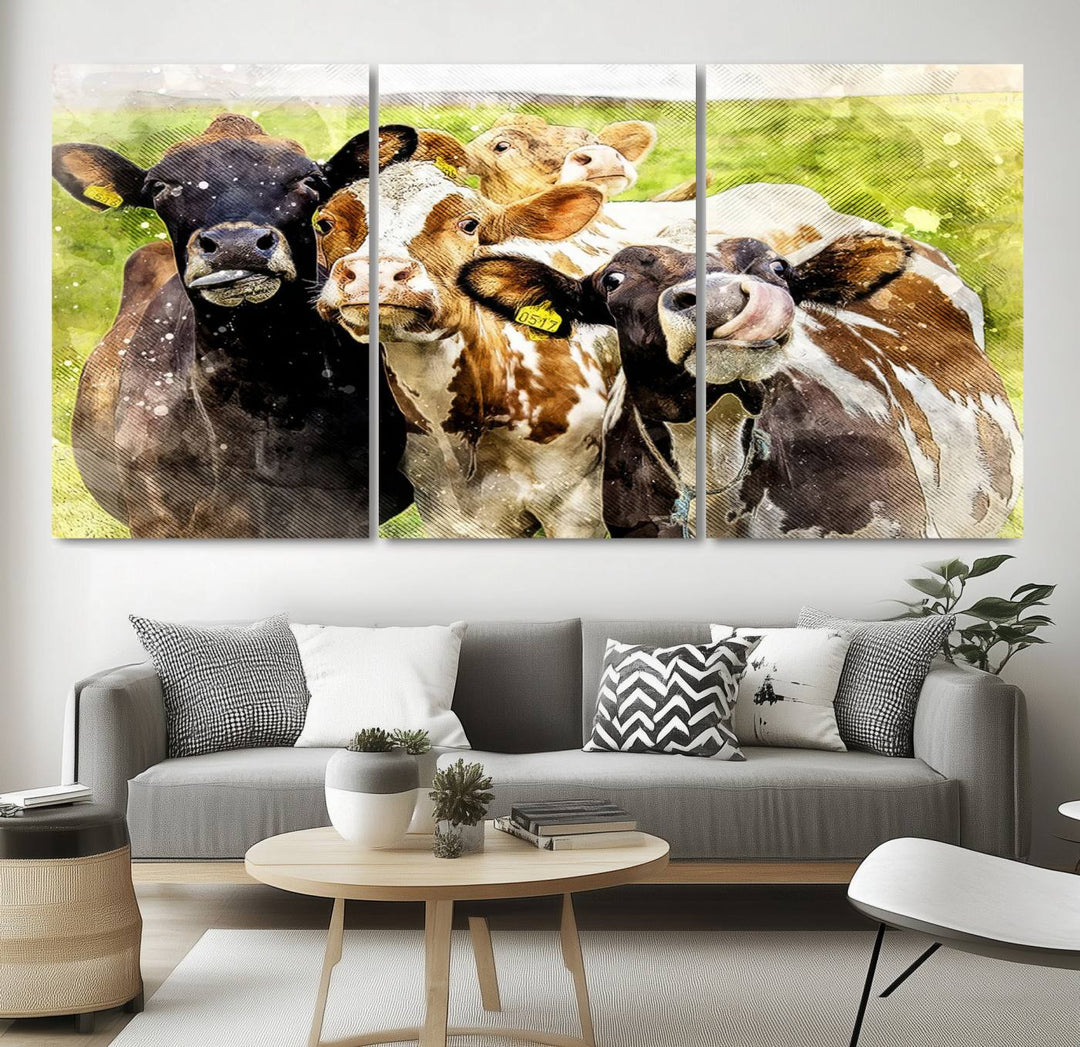 A charming triptych featuring the "Curious Cows Farmhouse Wall Art," a ready-to-hang and framed canvas print, adds a touch of rustic farm decor to the space.