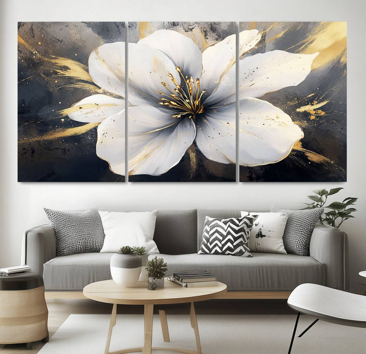 White Flower Wall Art | Canvas Print | Ready to Hang | Abstract Floral Wall Decor | Elegant Bloom Artwork | Framed for Living Room or Bedroom