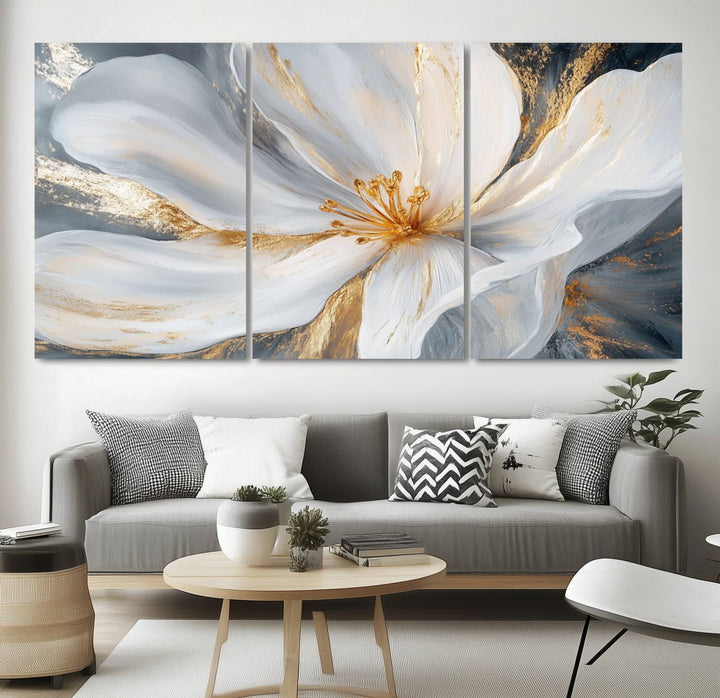 White and Gold Floral Canvas Wall Art - Framed and Ready to Hang - Perfect for Modern Living Rooms