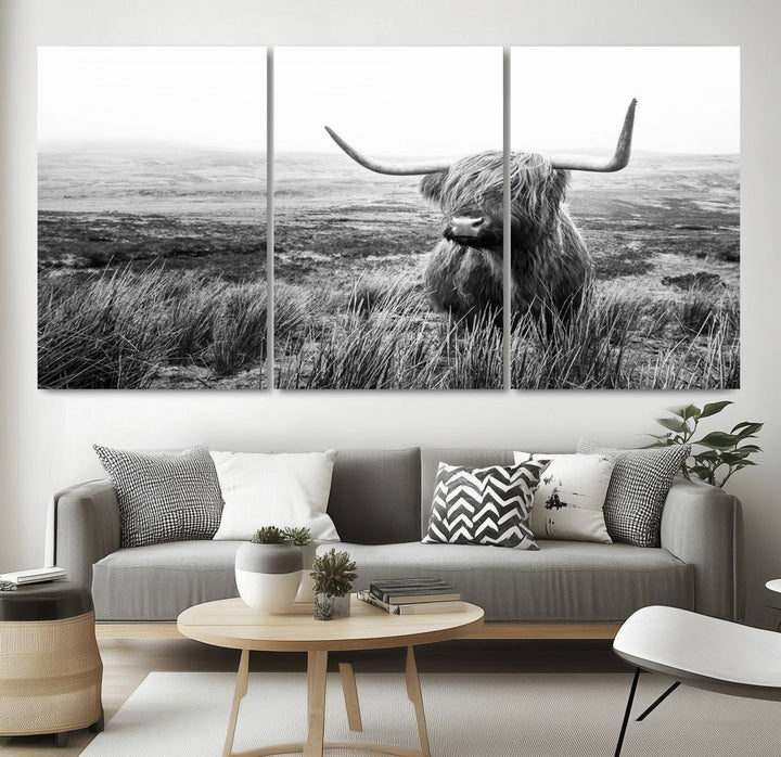 Scottish Highland Cow Wall Art | Black and White Canvas Print | Ready to Hang and Framed | Rustic Farmhouse Wall Decor for Living Room or Office