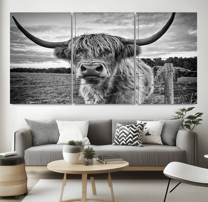 Scottish Highland Cow Wall Art Canvas Print | Ready to Hang and Framed | Rustic Farmhouse Decor